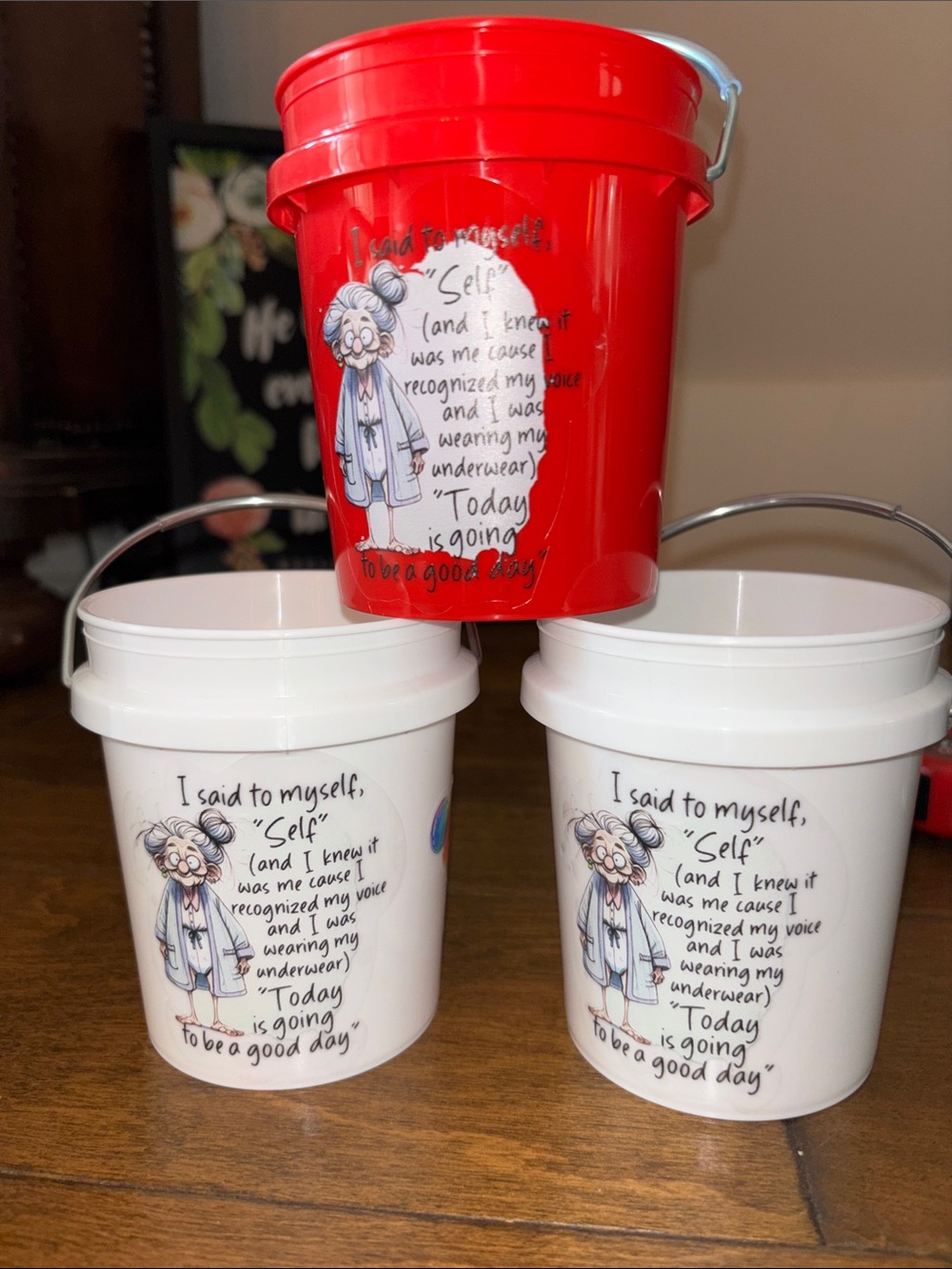 Funny Quote Cartoon Buckets - Red or White - Picture 1 of 3